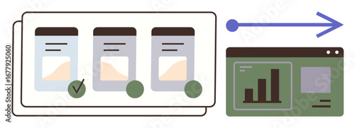 Three task cards with progress data and status indicators connect to a web dashboard displaying bar graphs. Ideal for workflow automation, data tracking, team collaboration, productivity, task