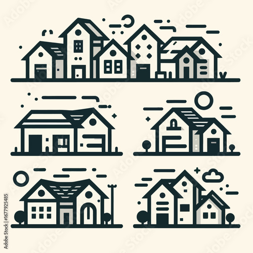 Vector Minimalist Line Art Houses Collection with Abstract Elements