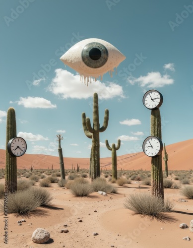 Surreal Desert Scene Floating Eye, Cactus Clocks, and Barren Landscape