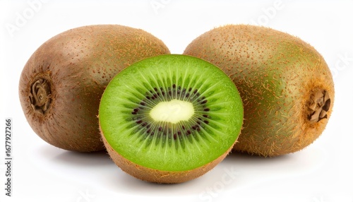 Close-up of three kiwi fruits, one sliced open, showcasing the vibrant green flesh and seeds against a white backdrop.