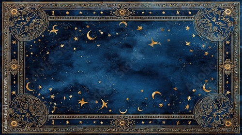 Ornate Gold Border with Starry Night Sky and Crescent Moon, Vintage Decorative Frame for Book Cover or Poster Design, Mystical Background.