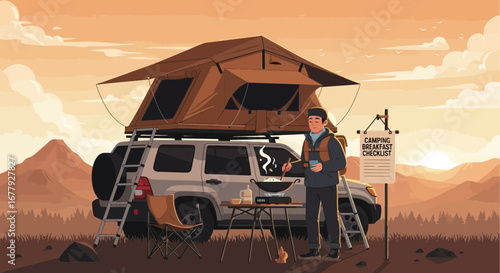 Overland camping adventure with rooftop tent and breakfast preparation scene