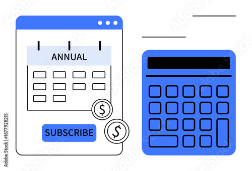 Subscription calendar with payment schedule and dollar icons next to a calculator. Ideal for planning, costs, budgeting, finance, payment, subscriptions, flat simple metaphor