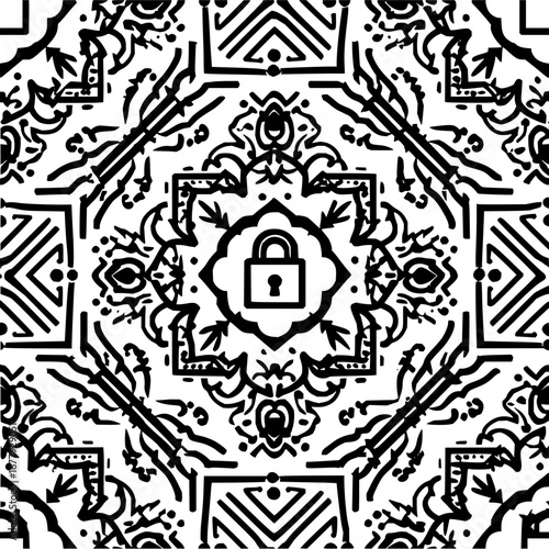 Black and white mandala pattern featuring a central padlock surrounded by floral and geometric elements