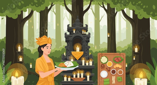 A serene Balinese offering ceremony in a forest temple, illuminated by candlelight