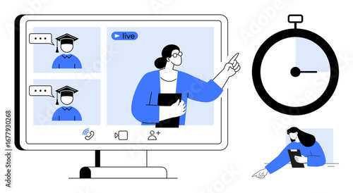 Teacher presenting during a live virtual class on a computer, students interacting via video. Ideal for online learning, virtual seminars, remote work, time management, digital collaboration