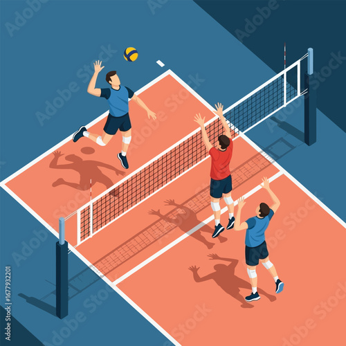 Isometric illustration of a volleyball game, showing players spiking and blocking the ball over the net.
