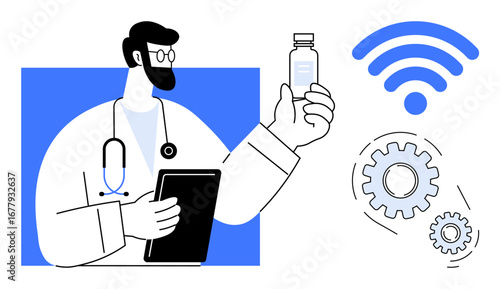 Doctor holding a medicine bottle and tablet, surrounded by wireless signal and gears. Ideal for healthcare, medical innovation, telemedicine, digital health, technology integration, smart healthcare