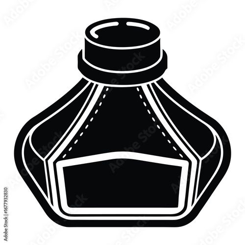 Black silhouette of an antique inkwell with a cap and a label area on a white background ink bottle writing