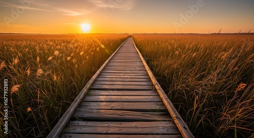 Golden Hour Pathway A Serene Boardwalk Leading Towards the Warm Embrace of the Setting Sun