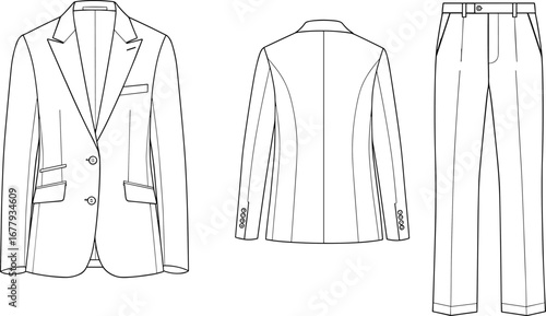 Men’s suit CAD fashion sketch, technical flat drawing, blazer jacket with trousers, front and back view, vector template.