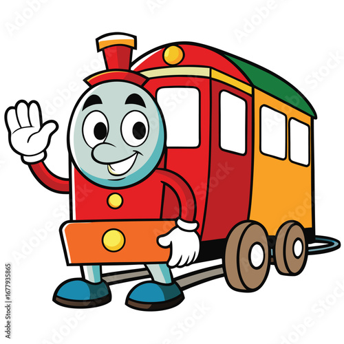 Colorful cartoon train character with a smiling face and waving hand on a white background illustration