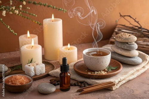 Wallpaper Mural Spa Relaxation Still Life with Burning Candles, Herbal Tea, Aromatherapy Oil, Bath Salt and Zen Stones for Wellness and Meditation. Torontodigital.ca
