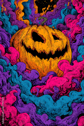 A vibrant Halloween-themed illustration featuring a grinning pumpkin amidst colorful smoke swirls