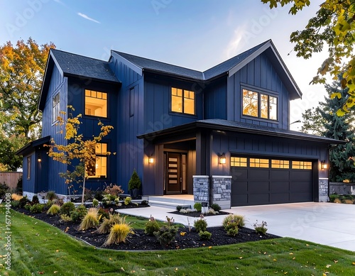 Modern farmhouse style home at dusk