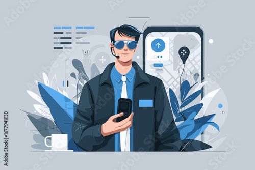 Blind man using smartphone voice navigation, accessibility consultant testing modern tech, clean vector illustration