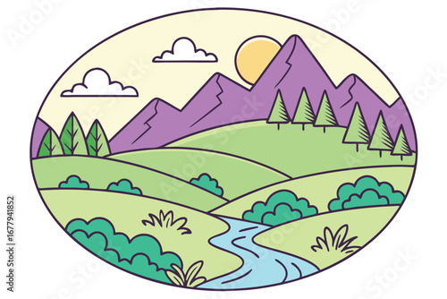 Peaceful shows mountains, trees, winding river, and cloudy sky within an oval