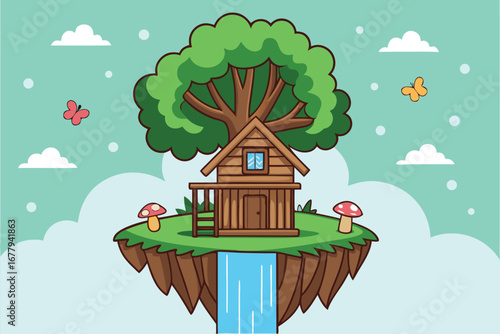 Charming cabin resides serenely on a floating island with a waterfall and mushrooms in fantasy world