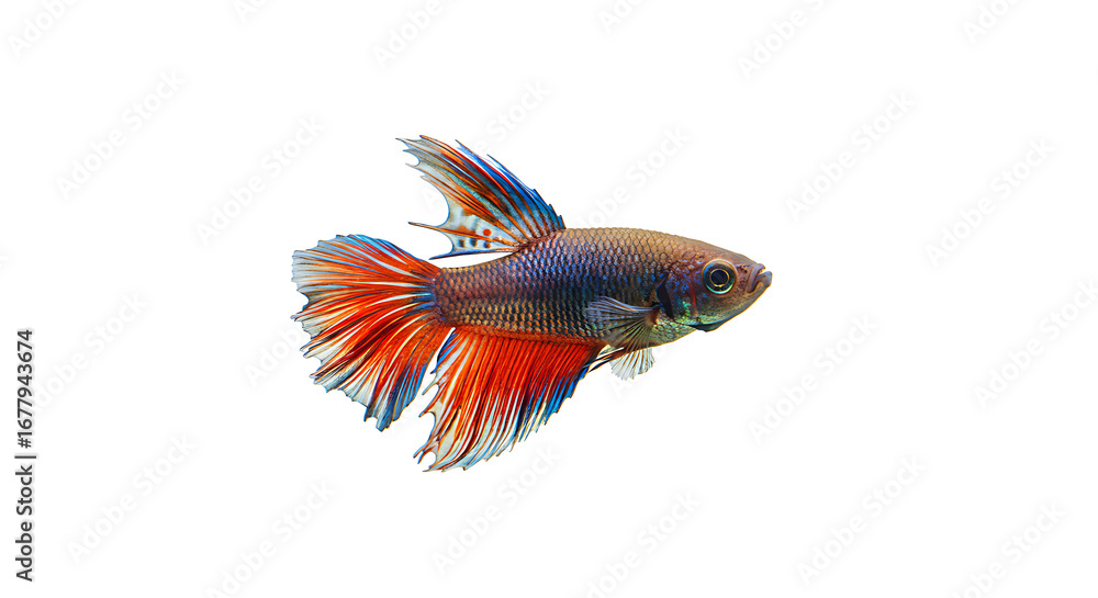 Fototapeta premium Siamese Fighting Fish with Red and Blue Fins, A Stunning Betta Fish with Intricate Scale Patterns