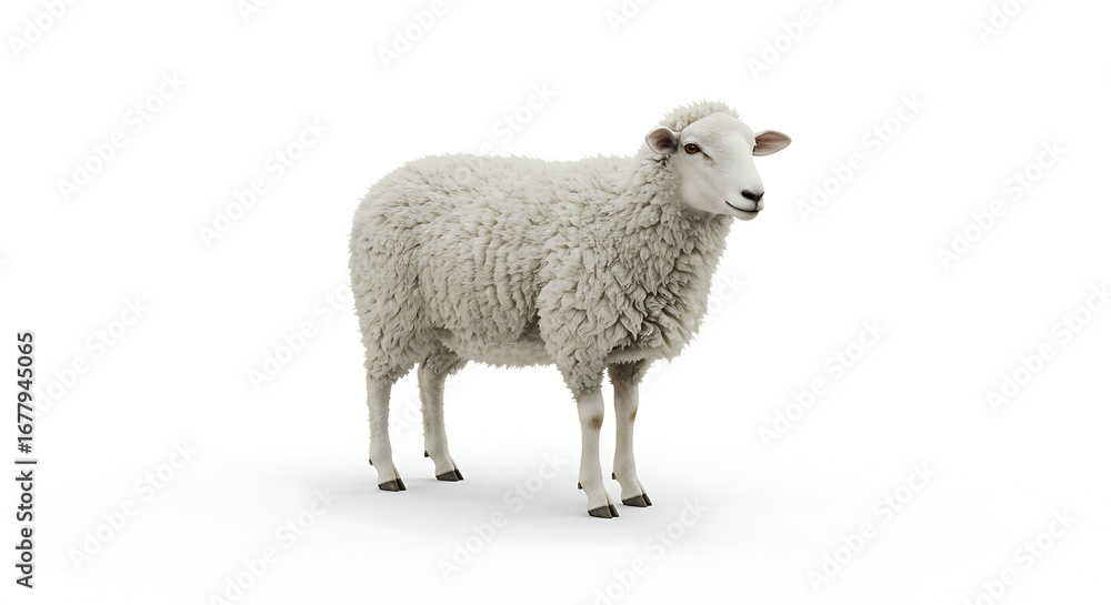 Naklejka premium Sheep Standing Still on White Background, Sheep isolated on white background in studio shot