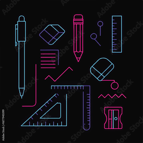 Neon-lit School Supplies: A Colorful Array of Educational Tools