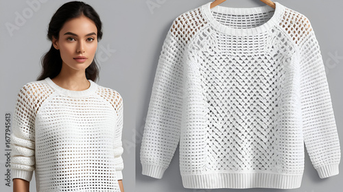 Women's Crochet Jumper. Technical fashion illustration. Front, white colour. Women's CAD mock-up.