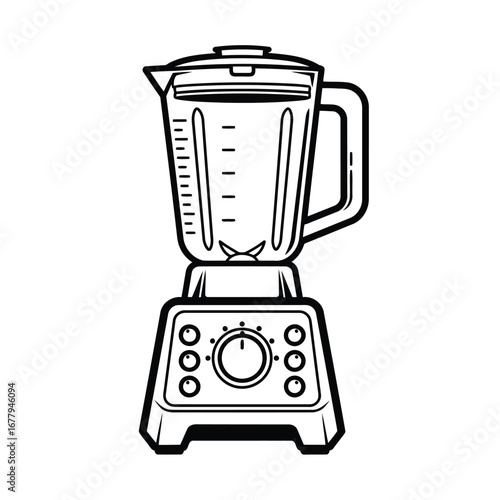 Vector illustration of black and white outline illustration of a modern kitchen blender with a glass jar and control panel isolated on a