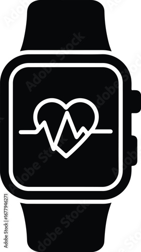 Black smartwatch with a white heart rate icon on its screen against a clean white background.