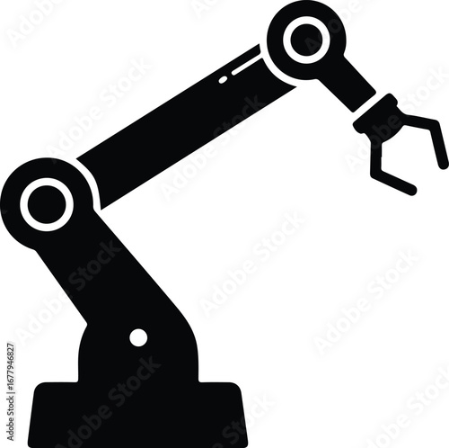 A black robotic arm with a white outline on a plain white background with industrial design elements.