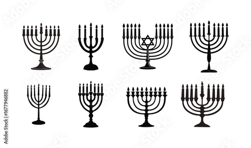 Collection of eight different black and white Hanukkah menorah silhouette.