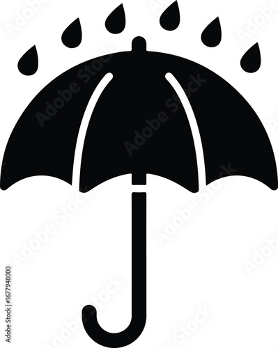 Flat design of a black umbrella with raindrops on a white background.