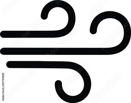 Simple black icon of wind blowing with curved lines on white background.