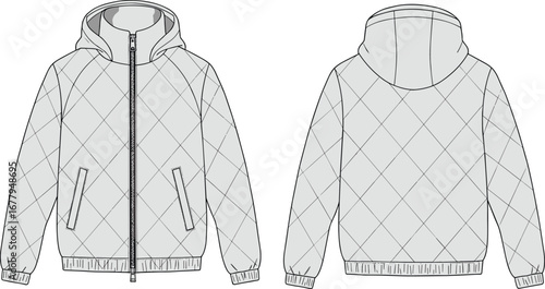 Quilted puffer jacket CAD, hooded, front zipper, long sleeve, fashion technical flat, vector template, winter outerwear.