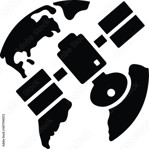 Black silhouette of a satellite orbiting the Earth on a white background