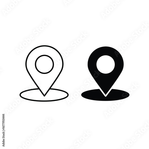 Vector illustration of two map pin icons, one outlined and one filled, indicating location or navigation