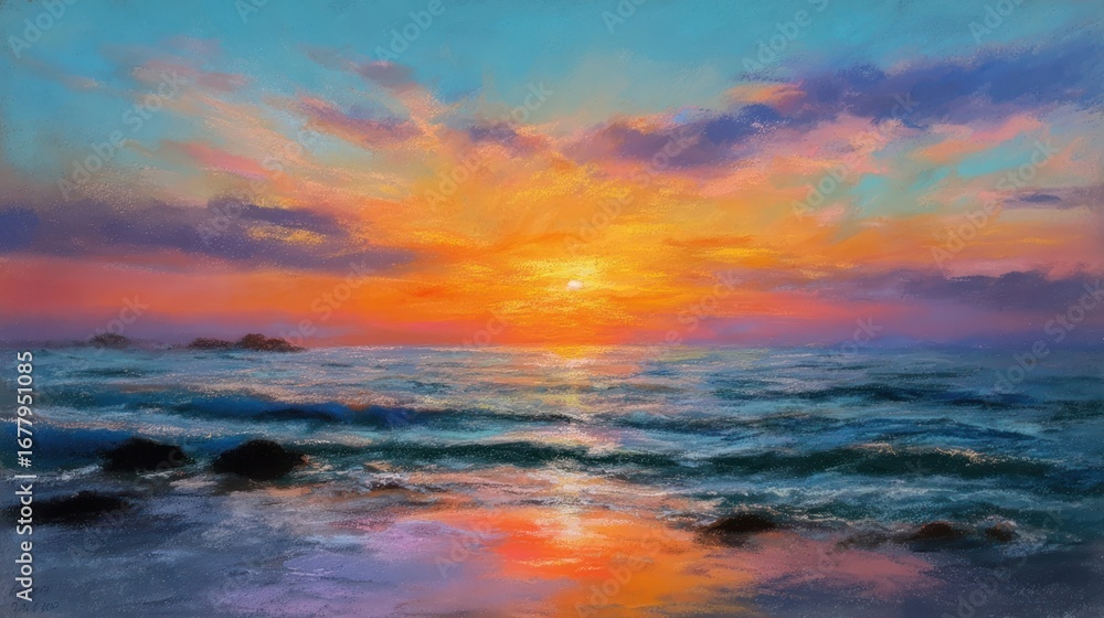 Fototapeta premium Orange sunlight casts a beautiful glow over the tranquil ocean at dusk, creating a stunning abstract cloudscape over the horizon