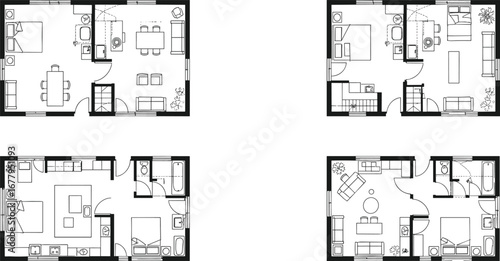 Set of detailed modern house floor plans, spacious residential interior layouts, architectural home blueprints, contemporary real estate design illustrations for property planning.