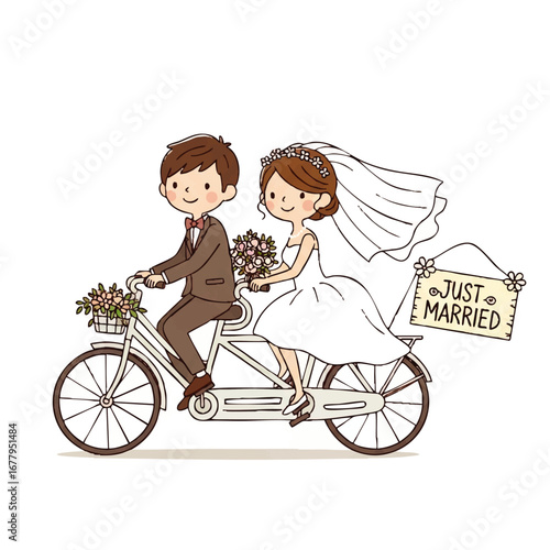 Cartoon Wedding Couple Riding a Tandem Bike with a Just Married Sign