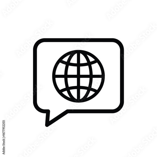 Vector illustration of black and white line art icon of a speech bubble containing a globe symbol, representing global communication or internet
