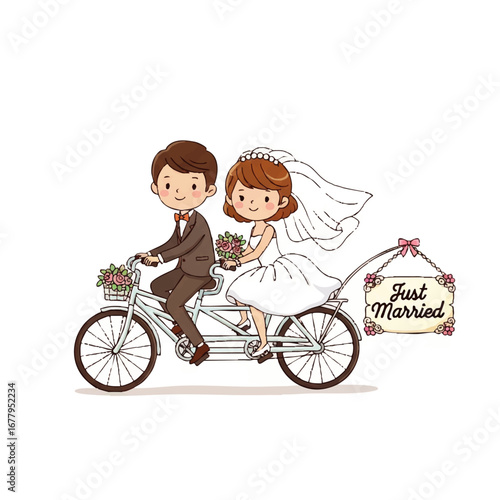 Cartoon Newlyweds on Tandem Bicycle A Joyful Wedding Illustration