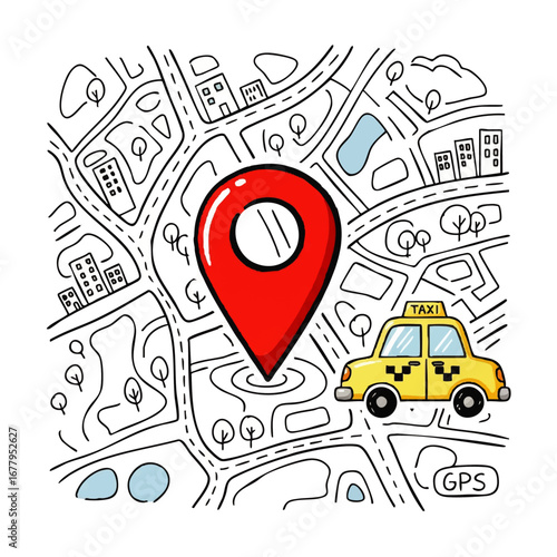 Taxi Service and GPS Navigation Concept with Map and Pin Marker