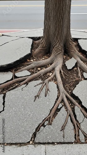 Tree roots breaking through cracked pavement in urban setting