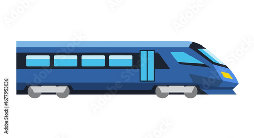 Modern high-speed train with sleek blue design, featuring large windows and aerodynamic shape, symbolizing efficient and fast transportation across diverse landscapes
