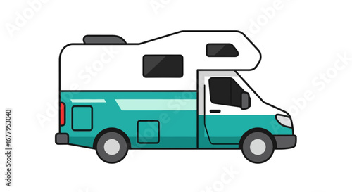 Detailed illustration of a white and turquoise recreational vehicle, also known as an RV or camper van, parked on a white background with minimalist design, perfect for travel and outdoor adventures