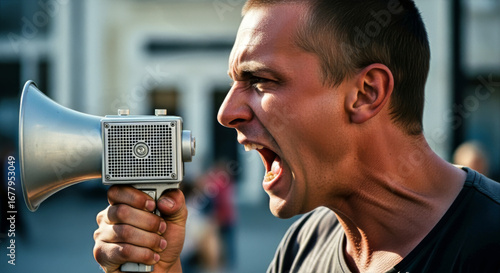A man shouting into a megaphone with intensity during a protest or demonstration in an outdoor setting