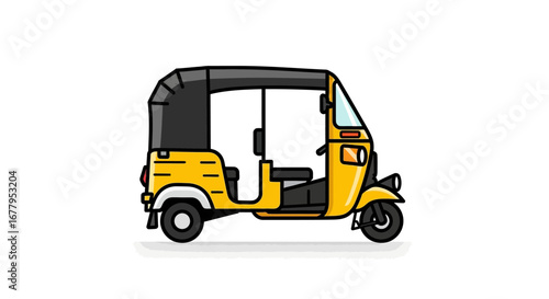 Yellow auto-rickshaw, a common three-wheeled motor vehicle used as a taxi in many countries, depicted in a side profile vector illustration