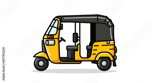 Illustration of a yellow auto rickshaw with a black canopy, commonly used for transportation in many Asian countries, symbolizing local commuting and urban mobility