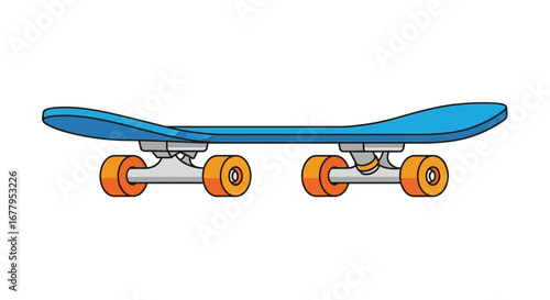 A blue skateboard with orange wheels, showcasing a simplistic design and perfect for street skating, skate parks, and outdoor adventures, captured in a clean illustration