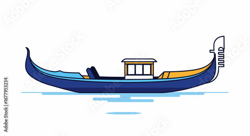 A classic blue and yellow gondola boat with a white cabin, gliding smoothly on calm water under a clear sky, evoking a sense of Venetian romance and timeless elegance