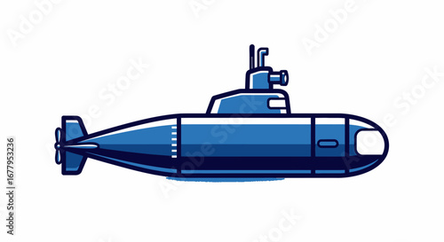 Blue submarine illustration on a white background. This graphic depicts a detailed depiction of an underwater vessel, perfect for themes of exploration, naval, and marine technology